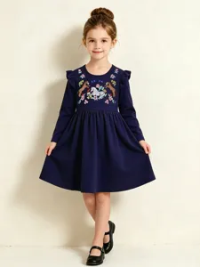 Vestido de Algodón de Punto de Manga Larga para Niñas Bordado de Flores y Caballo Volantes Vestido de Princesa Casual