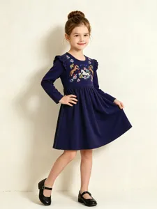 Niñas manga larga bordada algodón tejido vestido niños lindo otoño princesa vestido principal