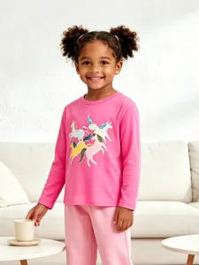 Mädchen Baumwolle Langarm T-Shirt Cartoon Einhorn Bedruckt Rundhals Weich Pullover Top Für Kinder Herbst Lässig