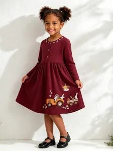 Robe Princesse à Manches Longues pour Filles Coton Rouge Vin Brodé Fleur Animal Applique Robe Décontractée Pour Enfants