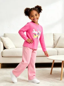 Mädchen rosa Langarmshirt mit süßem Einhorn-Druck und passender Hose, Strick-Baumwolle.