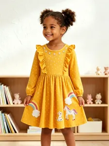 Süßes Mädchen Baumwolle Langarm Gelb Kleid Gestickt Cartoon Einhorn Polka Dot Rüschenkragen Prinzessinnenkleid Für Kinder Herbst