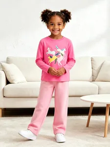 Süßes Mädchen rosa langarm Einhorn Sweatshirt und Hosen Set, bequemes Strick-Baumwoll-Top.