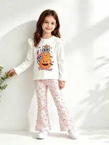 Girls cute Halloween t-shirt and strawberry print flared pants set for autumn wear