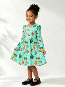 Abito da Bambina Occidentale Natalizio Cartone Animato Stampato in Cotone a Manica Lunga Abito da Principessa con Volant sulle Spalle per Festa di Natale Abbigliamento Bambini