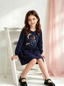 Robe longue fille automne jolie broderie sorcière tricot coton col rond tenue décontractée