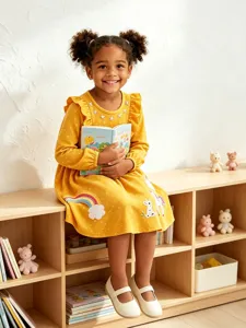 Süßes Herbst Mädchen Langarm Kleid mit Einhorn Stickerei und sehr weichem Baumwollstoff.