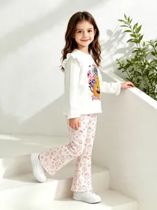 Girls long sleeve top and strawberry print flared pants set, casual children clothing main view.