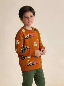 Felpa da Bambino in Cotone Stile Occidentale Stampa Auto All-Over Girocollo Manica Lunga Morbido Delicato sulla Pelle Pullover da Ragazzo