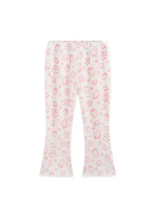 Cute girls flare leggings with pink strawberry and flower print, stylish autumn children pants.