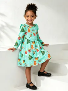 Bellissimo vestito natalizio da bambina a maniche lunghe con stampa di pan di zenzero.
