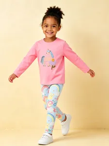 Conjunto de Parte Superior Y Inferior de Algodón Estilo Occidental para Niñas Camiseta Rosa de Manga Larga Pantalón Estampado Azul Unicornio Arcoíris Ropa para Niños