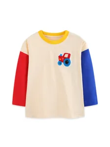 Camiseta de manga larga para niños otoño casual colorblock bordado de coche de dibujos