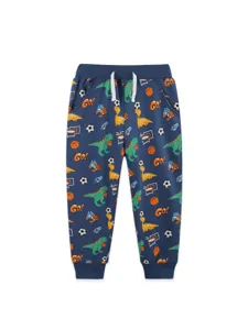 Boys cartoon dinosaur print sweatpants, casual autumn children cuffed joggers with elastic waist.