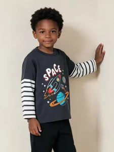 Jungen Baumwolle Gestreift Patchwork Langarm T-Shirt Euro Stil Weltraum Bedruckt Rundhals Pullover Top Für Herbst Lässig