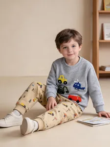 Boys autumn tracksuit set featuring cute cartoon car embroidery and comfortable cuffed sweatpants.