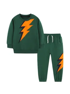Kids green sweatshirt sweatpants set, autumn boys sportswear with lightning print.