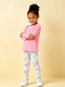 Conjunto de camiseta de manga larga y leggings para niña con bonito diseño de unicornio.