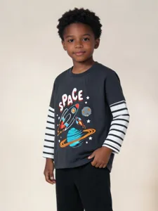 Jungen langarm T-shirt freizeit weltraum print rundhals gestreifte ärmel kinder top herbst