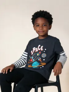 Jungen Herbst Langarm Raumfahrt Print Gestreiftes T-Shirt Rundhals Kinderbekleidung Neu