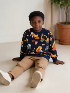 Boys Western Style Casual Cotton Sweatshirt Cartoon Construction Vehicle Print Long Sleeve Crewneck Pullover Top Clothing