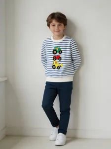 Felpa a righe da ragazzo autunno bambini girocollo pullover casual top con ricamo trattore