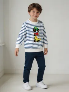 Felpa a righe per ragazzi autunno girocollo con ricamo auto carina per piccoli bambini