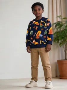 Autumn kids cartoon excavator print crewneck sweatshirt and stylish casual pants set.