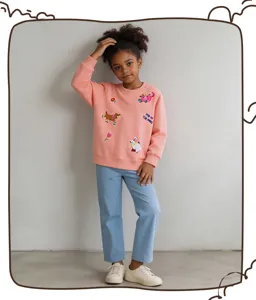 Children cute cartoon animal embroidery crewneck pink sweatshirt for girls autumn wear