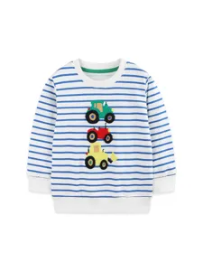 Felpa a righe da bambino a maniche lunghe con simpatici trattori ricamati, girocollo casual.