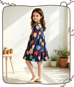 Vista detallada del vestido de manga larga para niña con estampado de corazones, algodón.