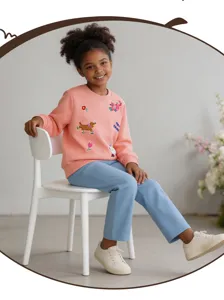 Kids cute cartoon embroidered sweatshirt and blue pants set, comfortable long sleeve crewneck top.