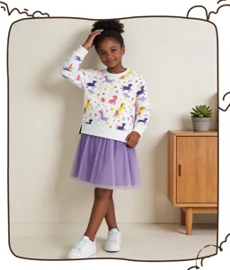 Girls cute unicorn print sweatshirt and purple mesh skirt set, autumn casual style detail.