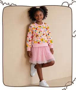 Bezauberndes rosa Kleinkinder Mädchen Sweatshirt und Tüll Rock Set mit süßen Cartoon Tier Prints.