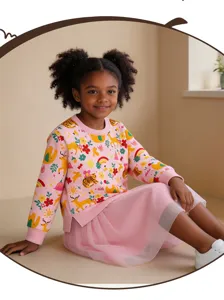 Kinder Langarm Sweatshirt Kleid mit niedlichem Cartoon Tierprint und Tüllrock.