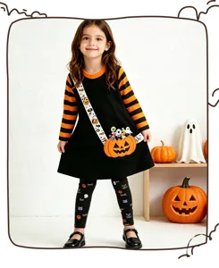 Kinderen Halloween lange mouw jurk set, zwart en oranje gestreepte outfit met pompoen.
