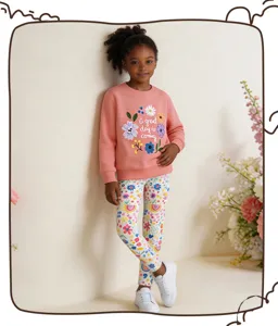 Detailed view of kids floral print sweatshirt and leggings set, cozy cotton fabric for autumn.