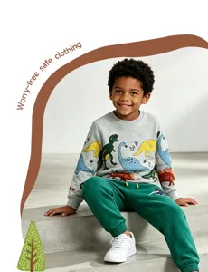 Kinder Herbst Dinosaurier Sweatshirt und Jogginghose Set Detailansicht, bequemer Stoff.