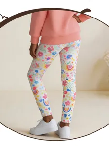Girls casual cute floral print leggings, comfortable knitted cotton trousers for autumn season.