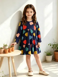 Vestido de Algodón de Manga Larga para Niñas Cuello Redondo Patrón de Corazón Vestido de Princesa con Volantes para Niños Otoño