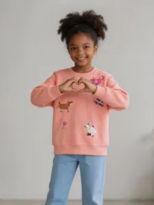 Girls Western Casual Cotton Embroidered Sweatshirt Cartoon Animal Letter Pattern Long Sleeve Pullover Round Neck Top Kids Outerwear