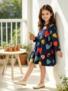 Vestido manga larga niña otoño nuevo niños lindo corazón colorido estampado algodón princesa