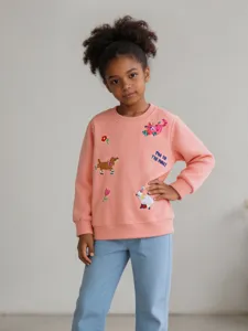Girls pink embroidered crewneck sweatshirt with cute cartoon animals and long sleeves main view
