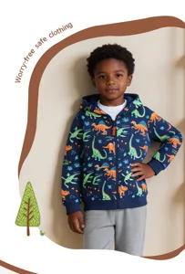 Felpa con cappuccio e stampa dinosauro per bambini, cardigan in cotone morbido autunnale.