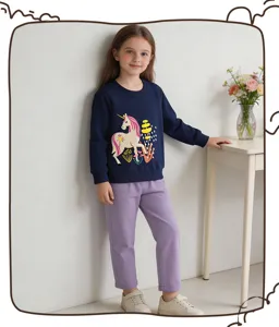 Detailed view of kids dark blue unicorn print pullover sweatshirt and purple pants outfit.