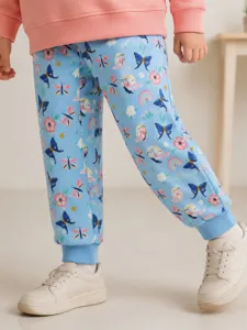 Girls Fashion Cotton Sweatpants Western Style Butterfly Print Cuffed Bottom Kids Casual Sports Active Track Pants For Autumn