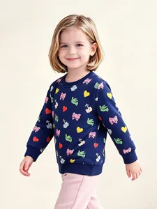 Sweatshirt Fille Mignon en Coton Col Rond Manches Longues Pull-over Motif Coloré Nœud Cœur Bleu Foncé Enfants Automne Haut Décontracté