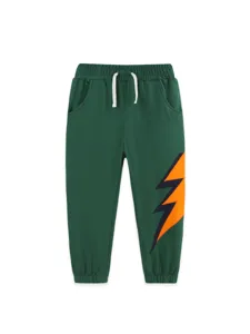 Kids green sweatpants with orange lightning print and comfortable adjustable drawstring waist.