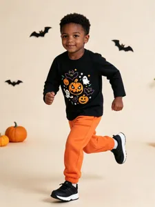 Kids Cotton Halloween Printed T-Shirt Western Style Cartoon Pumpkin Ghost Graphic Round Neck Long Sleeve Top For Children Casual Party Clothing