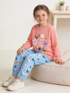 Cute girls autumn casual sweatpants set with pink sweatshirt and blue butterfly print active wear.